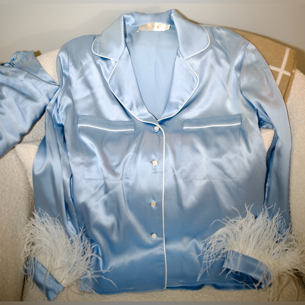 Satin Feather-Trim Light Blue Pajama Set - Women's Sleepwear — image 8 of 8